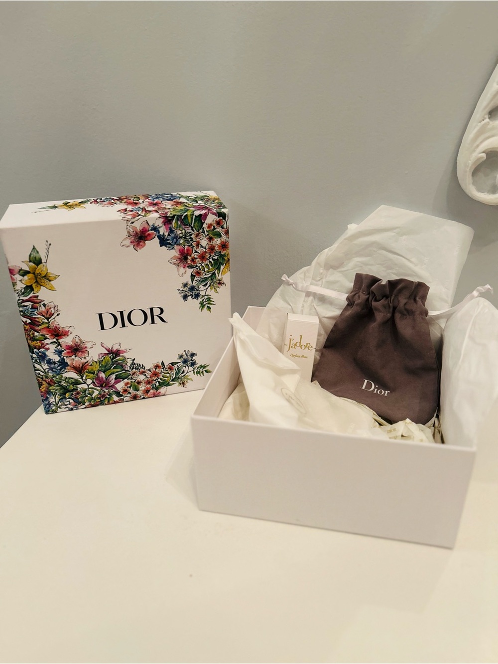 Dior Floral-Print Gift Box with Grey & White Branded Pouch